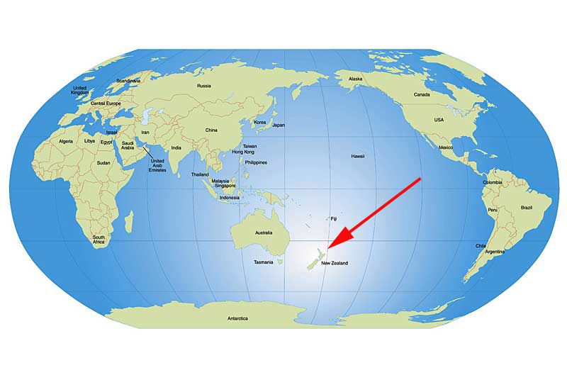New Zealand on the map of the world
